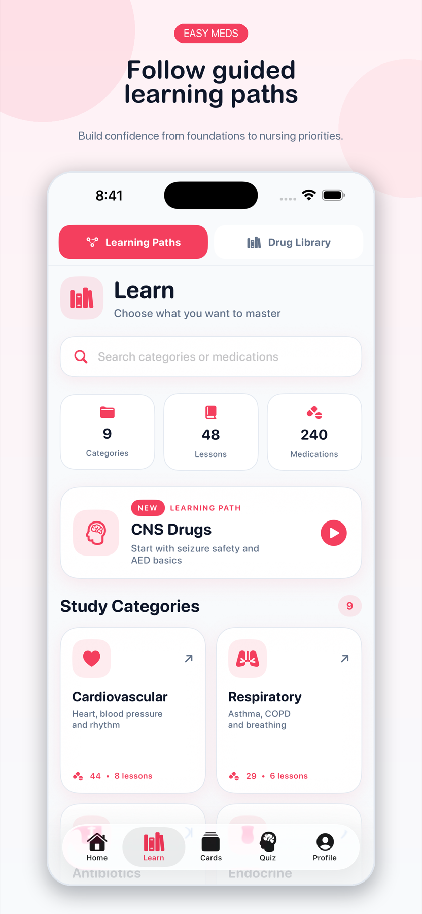 Easy Meds guided learning paths and medication categories